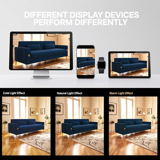 KEIKI 86" Oversized Luxury Velvet Sofa with Armrest and Removable Plush Cushions, Gold Accents 3-Seater Couch with Solid Legs, Easy Assembly, for Living Room, Bedroom, Apartment, Blue