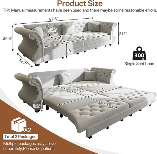 97.6" Oversized Pull Out Sofa Bed, Chesterfield Velvet Sleeper Sofa Couch with Roll Arm & Flower Tufting, Heavy Duty Metal Frame Convertible Sofa for Living Room, Apartment, Guest Room, Light