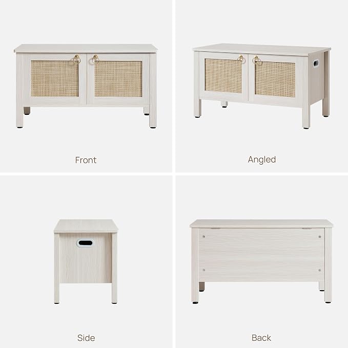 SICOTAS Rattan Storage Bench Boho Storage Chest with 2 Safety Hinges | Wood Storage Truck Box for Bedroom, Living Room, Entryway, Supports 220 lb, White Oak