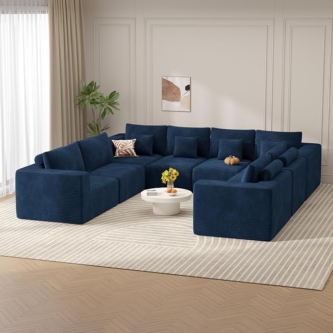 Modern U Shaped Modular Sectional Sofa, Convertible Oversized Cloud Couches for Living Room, Comfy 8 Seater Corduroy Boneless Couch Sofa Set, No Assembly Required, Beige 1 PCS