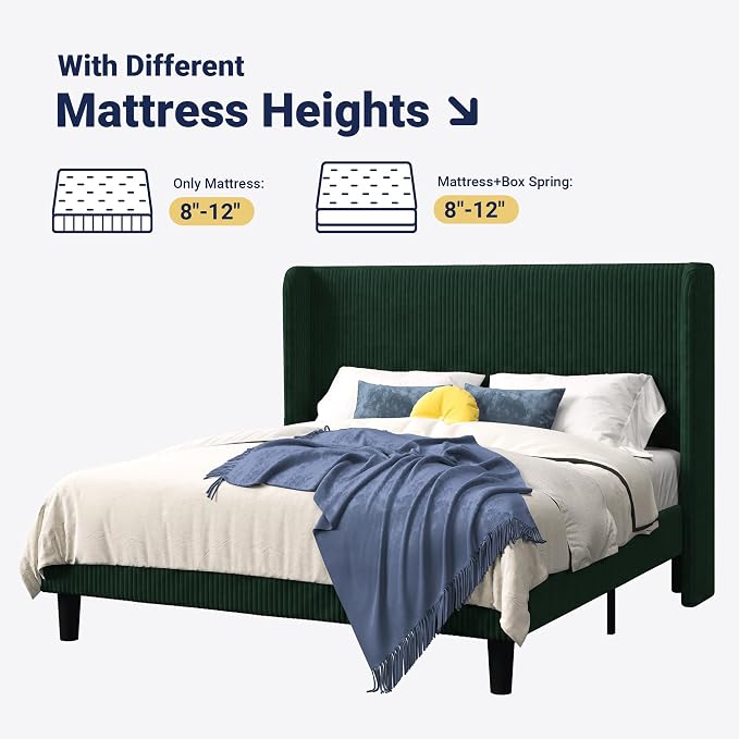 Allewie Queen Size Bed Frame with Upholstered Wingback Headboard, Vertical Channel Tufted Corduroy Velvet Platform Bed, Strong Wooden Slats Support, No Box Spring Needed, Easy Assembly, Dark Green