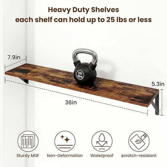 Axeman 36 Inch Floating Shelves | 8 Inch Deep Brown Wall Shelves Set of 2 | 36''W x 8''D Rustic Brown Wood Shelves for Bathroom Living Room Bedroom Kitchen