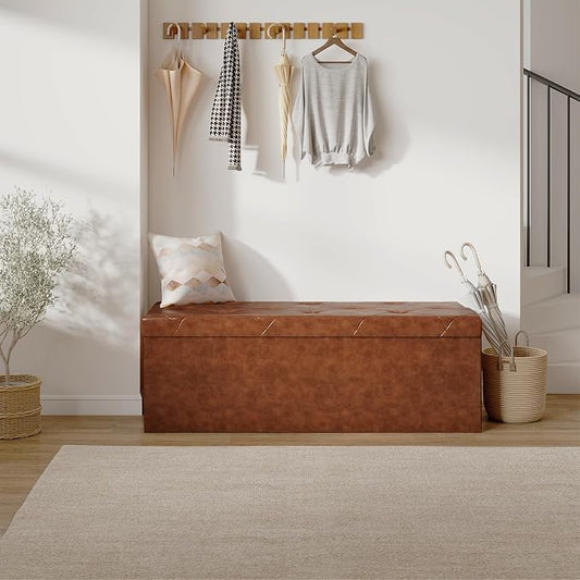 Sweetcrispy 43 Inches Folding Ottoman with Storage Bench, Foot Rest Stool, End of Bed Storage Bench Upholstered, Load 660 lbs, for Living Room, Synthetic Leather, Brown