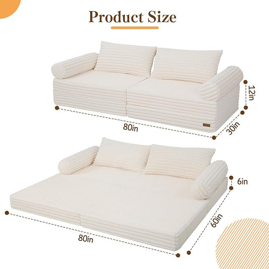 MeMoreCool Convertible Sofa Bed, Folding Floor Couch Bed Queen, Pull Out Sleeper Couch with Pillows, Fold Out Futon Sofa for Bedroom Living Room Small Space, Soft Corduroy