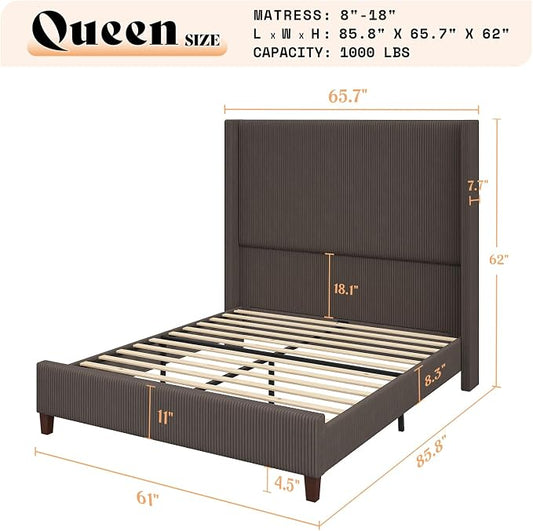 AMERLIFE Queen Size 62" Corduroy Upholstered Bed Frame, Luxurious Platform Bed with Extra Tall Wingback Headboard and Vertical Stripe, No Box Spring Needed/Solid Wood Slats & Legs/Chestnut
