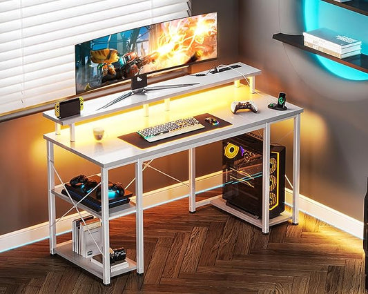 ODK 48 inch Gaming Desk with LED Lights & Power Outlets, Computer Desk with Monitor Stand & Storage Sheves, CPU Stand, Home Office Desk, White