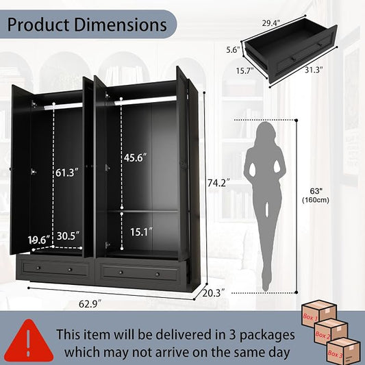 Armoire Wardrobe Closet with Drawers: 74" Black Tall Wardrobe Cabinet with Hanging Rod, Wooden Closet with 4 Doors and 2 Drawers, Modern Bedroom Armoires