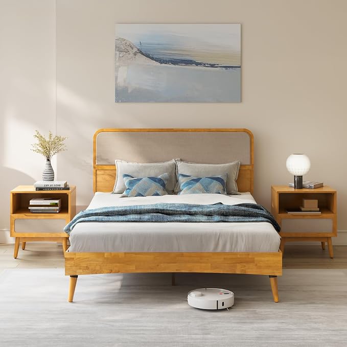 Bme Calista Queen Size Bed Frame – Solid Wood Platform Bed with Upholstered Headboard, Teak Brown Finish, Mid-Century Modern Style with Sturdy Slats & Tapered Legs, No Box Spring Needed