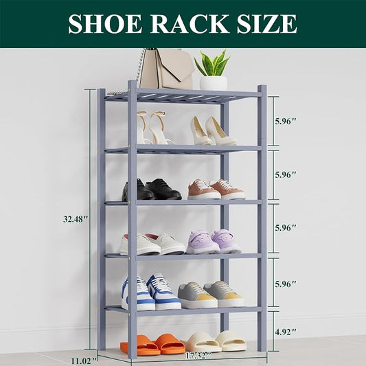 Smiry Small Bamboo Shoe Rack, 5 Tier Free Standing Wooden Shoe Organizer, Stackable Wood Shoe Storage Shelf for Closet, Entryway, 14 Vertical Slats, 2+2+1 Stack Thicker Legs, 17.3"x11"x32.5", Grey