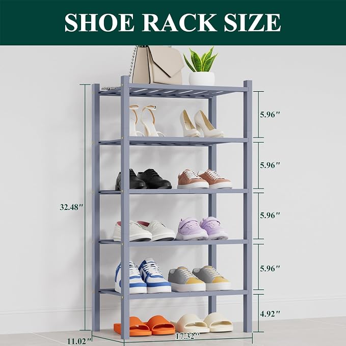 Smiry Small Bamboo Shoe Rack, 5 Tier Free Standing Wooden Shoe Organizer, Stackable Wood Shoe Storage Shelf for Closet, Entryway, 14 Vertical Slats, 2+2+1 Stack Thicker Legs, 17.3"x11"x32.5", Grey
