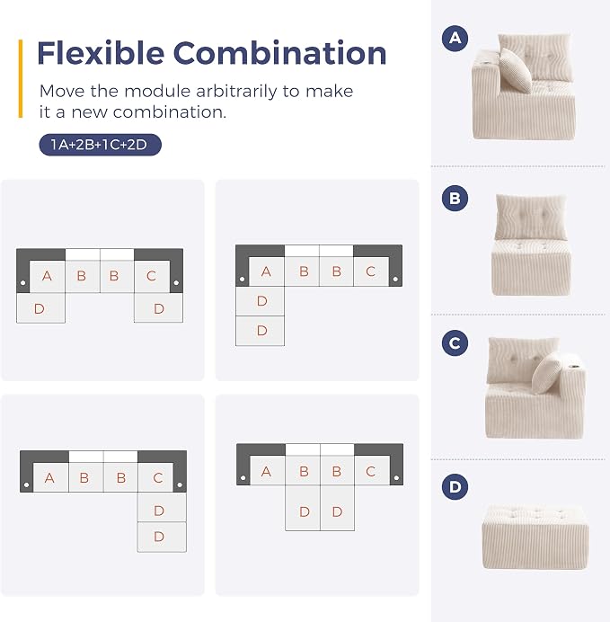 MAXYOYO 129.5" Modular Sectional Sofa Couch, U Shaped Modern Cloud Couch with 2 Ottomans, Sofa in A Box, Tufted 6-Seat Boneless Chair for Living Room, No Assembly Required, Beige