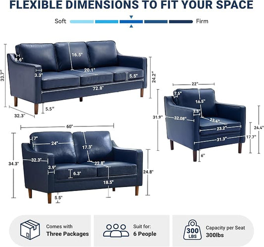 Kingfun 3-Piece Sofa Set for Living Room, Mid Century Modern Couch with Loveseat and Chair, Faux Leather, Solid Wood Frame