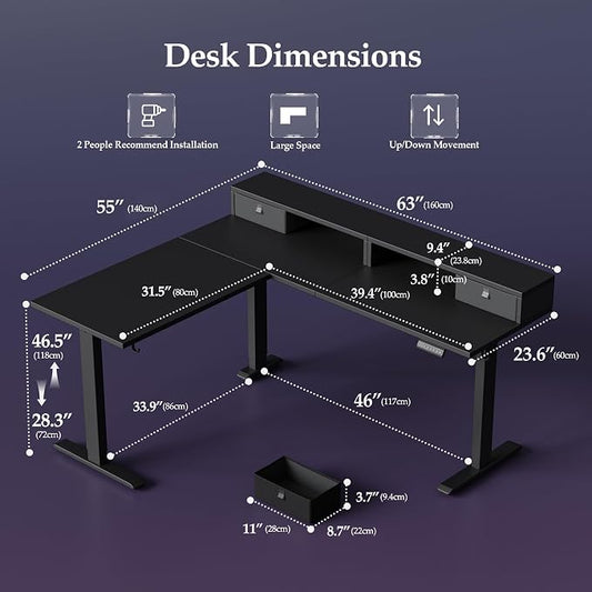 Klicelor L Shaped Electric Standing Desk 63 x 55.1 inch with Shelf, Height Adjustable Corner Desk, Sit Stand Desk with Storage Shelf, Home Office Computer Table, Black