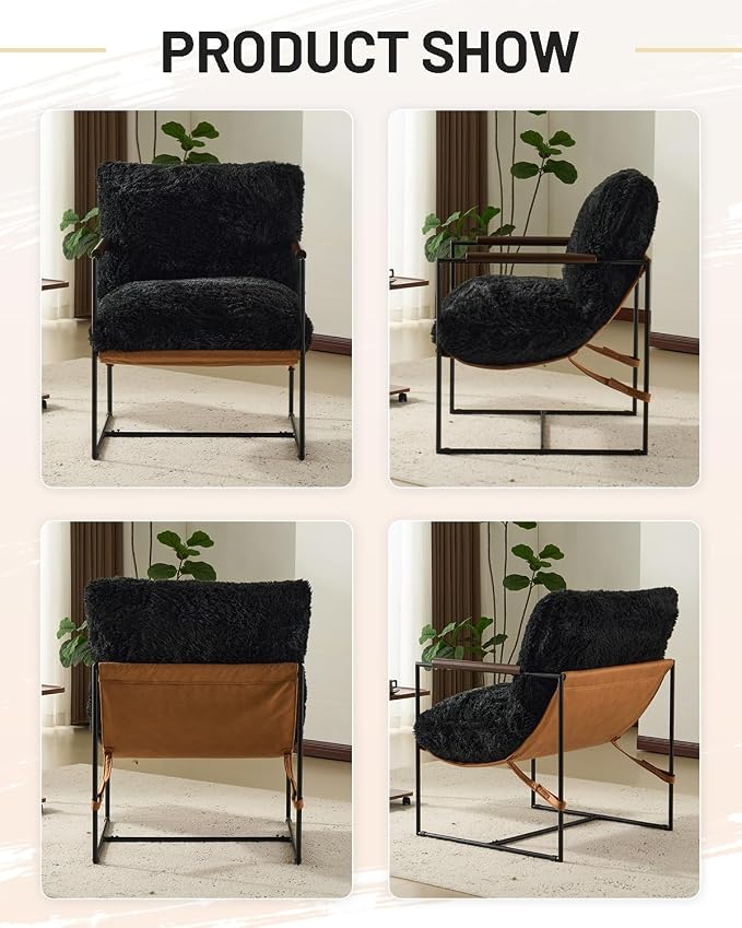 Karl home Modern Metal Frame Accent Chair, Black | Plush Fleece Upholstered, Wood Padded Armrest, 28" Seat Width, Comfy Lounge Armchair for Living Room, Bedroom, Apartment