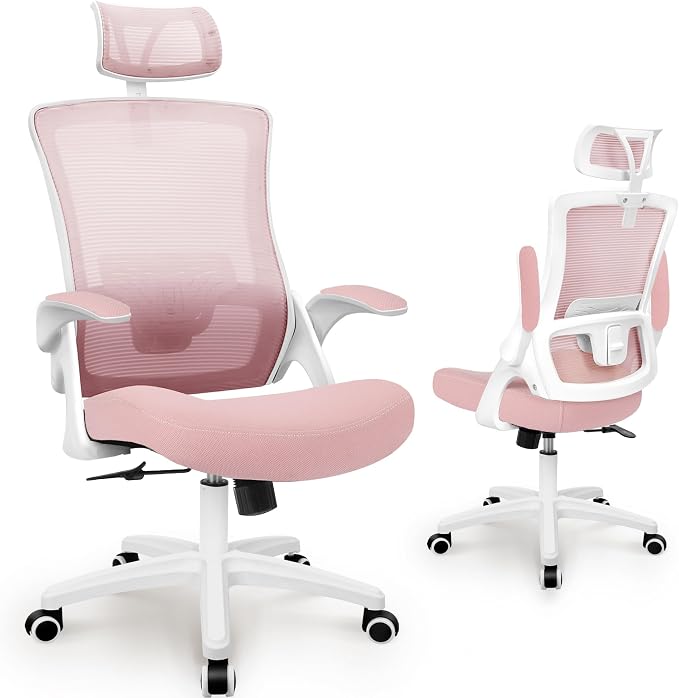 NEO CHAIR Ergonomic Office Desk Chair High Back Computer Gaming Mesh Chair with Comfy Task Adjustable Arms Lumbar Support Headrest Swivel for Home Office (Pink)