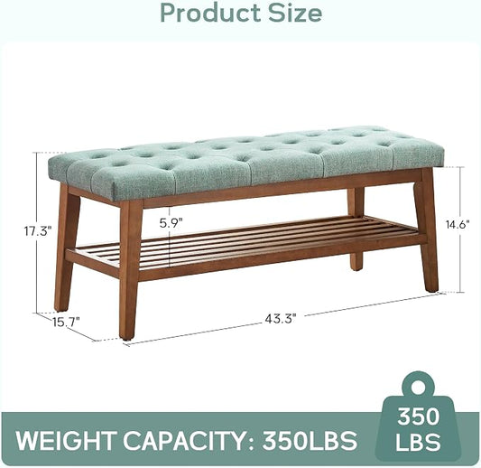 HUIMO Entryway Shoe Bench, End of Bed Bench,Upholstered Button-Tufted Bench for Kitchen, Fabric Ottoman Bench for Living Room, Padded Bench with Solid Wood Shelf,Teal