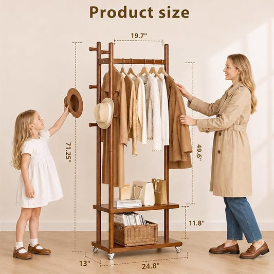 Solid Wood Coat Rack Freestanding, Coat Rack Stand with 2 Shelves & 4 Hooks, Coat Tree for Entryway, Hallway, Bedroom, Living Room, Office - Clothing Rack for Coats, Hats, Bags (Walnut-L-Wheel)