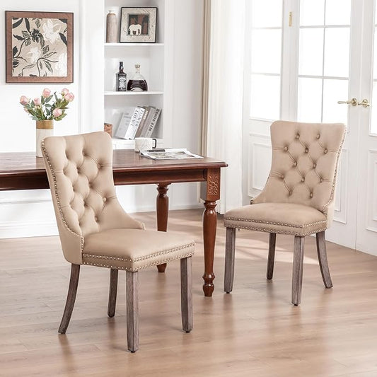 Hixkol Velvet Dining Chairs Set of 2,Upholstered Dining Chairs with Ring Pull Trim and Button Back,Modern Seating for Kitchen, Bedroom & Living Room(Khaki)