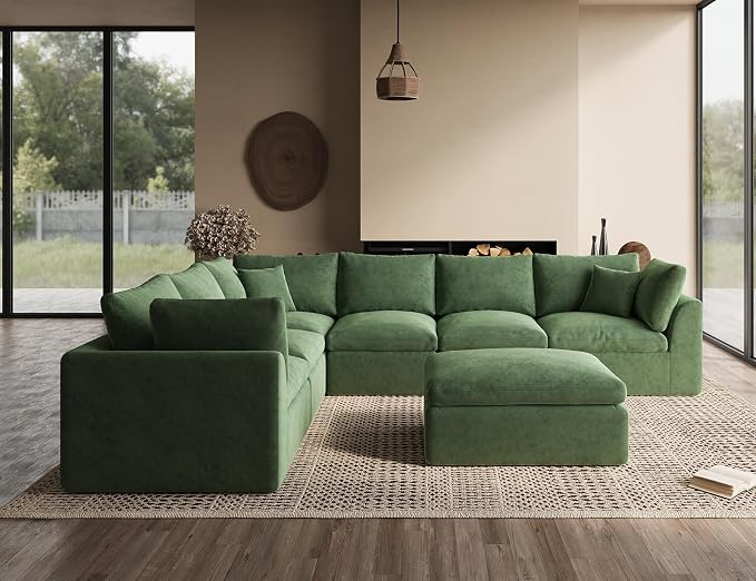 ohllob Oversized Cloud Couches for Living Room, Boneless Sectional Couch with Ottoman, 7 Seater Large Modular Sectional Sofa, Green