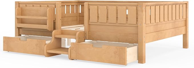 Bellemave Full Floor Bed with Stairs, Rails and Slats, Full Size Montessori Floor Bed with Bookshelf and 2 Storage Drawers, Easy Assemble Montessori Beds Frame for Girls, Boys, Light Natural