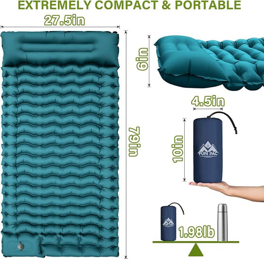FUN PAC Camping Sleeping Pad, Ultralight Camping Mat with Pillow Built-in Foot Pump Inflatable Sleeping Pads Compact for Camping Backpacking Hiking Traveling Tent