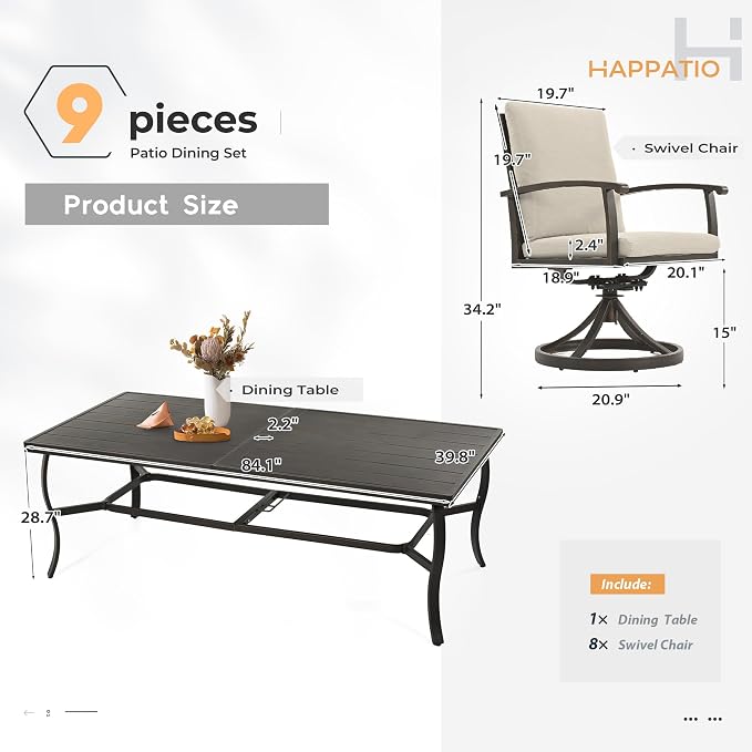 HAPPATIO Aluminum 9 Piece Patio Dining Set, Outdoor Swivel Dining Chairs and Dining Table, Aluminum Outdoor Dining Set for 8, Patio Dining Furniture with Washable Cushions (Black)