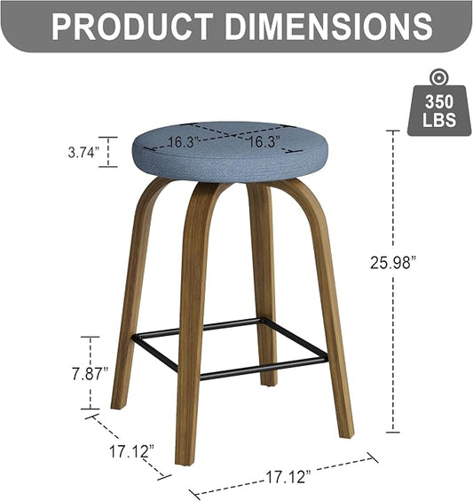 Bar Stools Set of 2, Counter Height Backless Bar Stools, 26" Swivel Barstools Kitchen Chair with Upholstered Fabric Seat, Blue