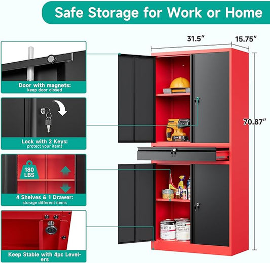 SISESOL Metal Storage Cabinet with Drawer and Lock,Garage Storage Cabinet with Locking Doors and Shelves,71" Black Red Metal Cabinets,Lockable Steel Tool Cabinets for Garage,Home,Office,Shop