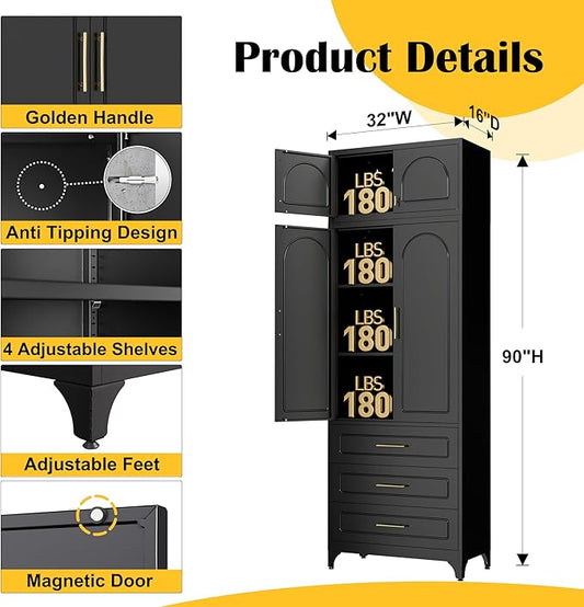 SteeLoong Kitchen Pantry Cabinet,90" Storage Cabinets with Doors and Shelves,Metal Pantry Cabinet with 3 Drawers,Black Kitchen Cupboard for Livingroom,Pantry, Bathroom