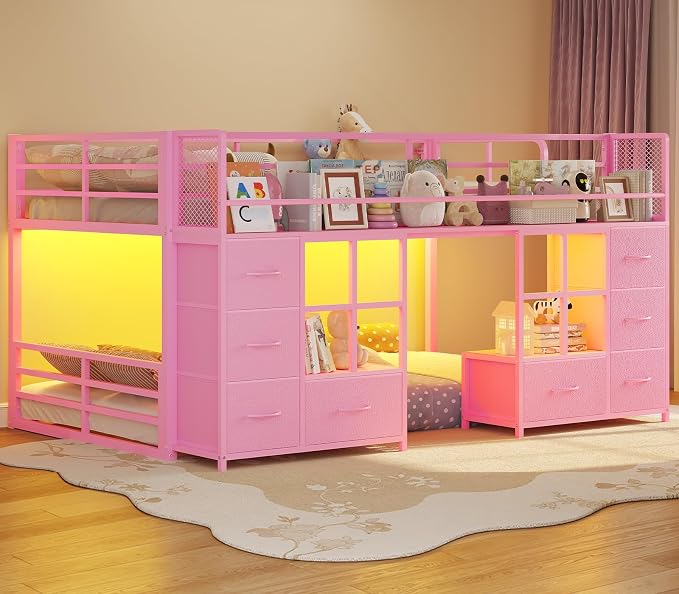 BTHFST Low Bunk Bed Twin Over Twin with 8 Fabric Drawers & Bookshelf, Twin Bunk Beds with RGB LED Lights, Windows, Metal Bunk Beds for Kids with Slanted Ladder & Safety Guardrails, Space Saving, Pink