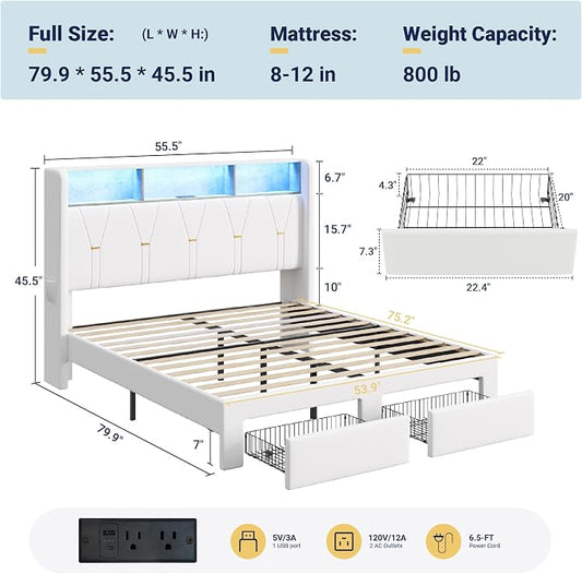 Allewie Full Bed Frame with 2-Tier Storage Headboard, Charging Station & LED Lights, Velvet Upholstered Platform Bed with 2 Drawers, Wingback Headboard, Gold Button Tufted, No Box Spring Needed, White