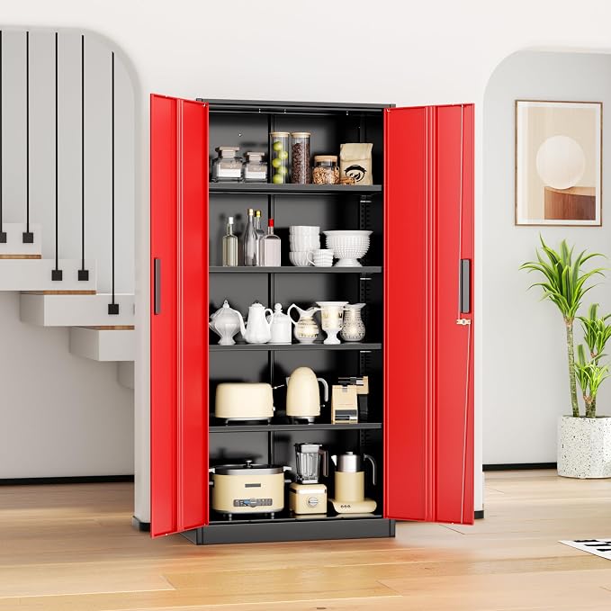 INTERGRAET Metal Storage Cabinet with Adjustable Shelves, Garage Storage Cabinets with Doors and Shelves, File Cabinets for Home Office, Kitchen Pantry Cabinet, 72''H, Black Red