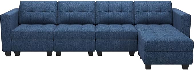 Belffin Blue L Shape 5 Seat Sofa with Storage, Reversible Chaise, Modern Sectional Cotton Polyester Wood Sofa
