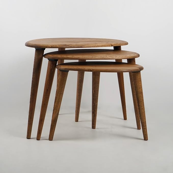 Ultimate Premium Products UPP Solid Nesting Table Set of 3- Chestnut Mid Century Pebble Tables with Tapered Legs – Wooden Home Furniture in a Retro Style - Chestnut