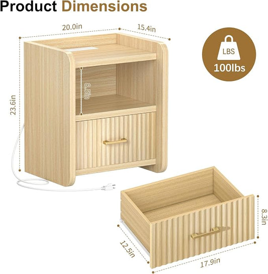 Night Stand with Charger Station - Modern Wood Nightstand with Drawer Storage, Fluted Wide Nightstands Bedside Table, Mid Century Night Stands for Bedroom Home Office Sofa, Natural