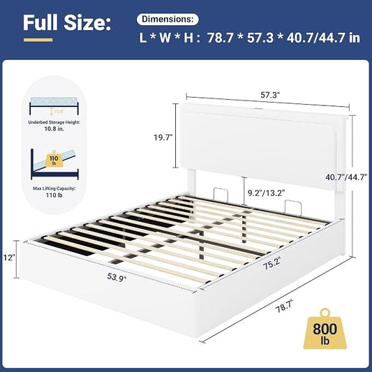 Allewie Full Size Lift Up Storage Bed Frame with Charging Station & LED Lights, Adjustable Velvet Upholstered Storage Headboard, Type-C & USB Ports, Hydraulic Support, No Box Spring Needed, White
