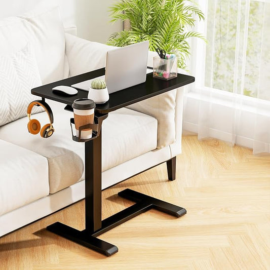 Tangkula Mobile Standing Desk, Pneumatic Height Adjustable Rolling Desk with Cup Holder & Headphone Hook, Overbed Table with Hidden Wheels, Laptop Computer Cart for Couch, Home, Office (Black)