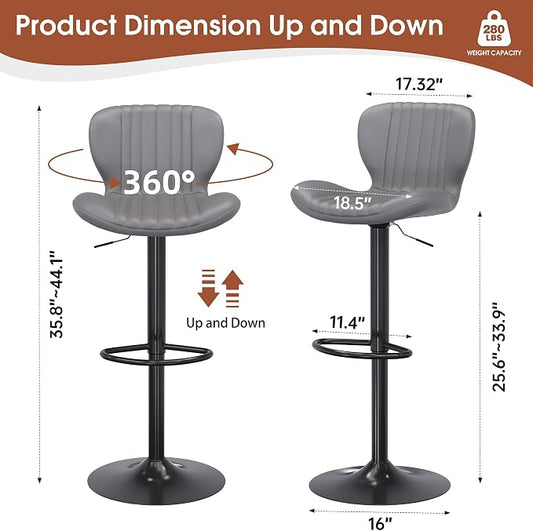 JAMFLY Bar Stools Set of 4, Leather Adjustable Barstools Counter Height with High Backrest, Island Chairs Set of 4 for Kitchen, Grey