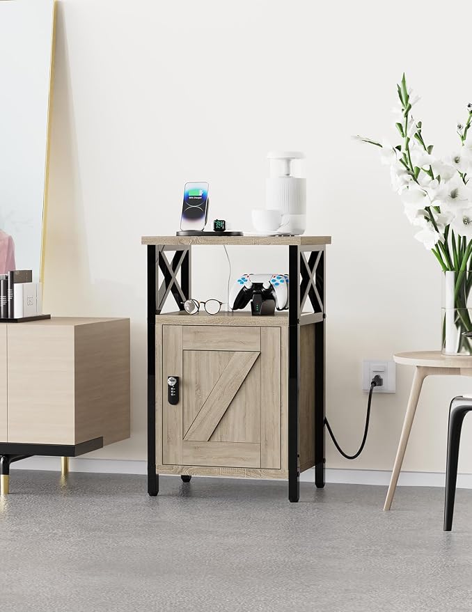 runjuly Wooden Nightstand with Lock, Bed Side Table with Drawers, Bedside Table with Charging Station, 3 USB & 2 Outlets, Night Stand with Cabinet, End Tables for Bedroom, Greige