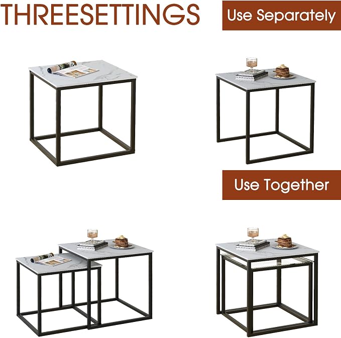 Garden 4 you Coffee Table Set of 2, Modern Faux Marble Nesting Table, Metal Frame Square Center Table Set, Side Tables, Nesting Coffee Table for Living Room, Bedroom and Small Spaces, 19.7in Black