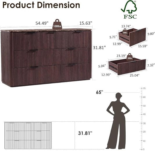 Dresser for Bedroom with 7 Drawers, 54"W Chest of Drawers, Fluted Dresser with Faux Marble Top, Curved Profile Design, Metal Handle, Wood Closet Storage Organizer for Living Room, Hallway, Dark Oak
