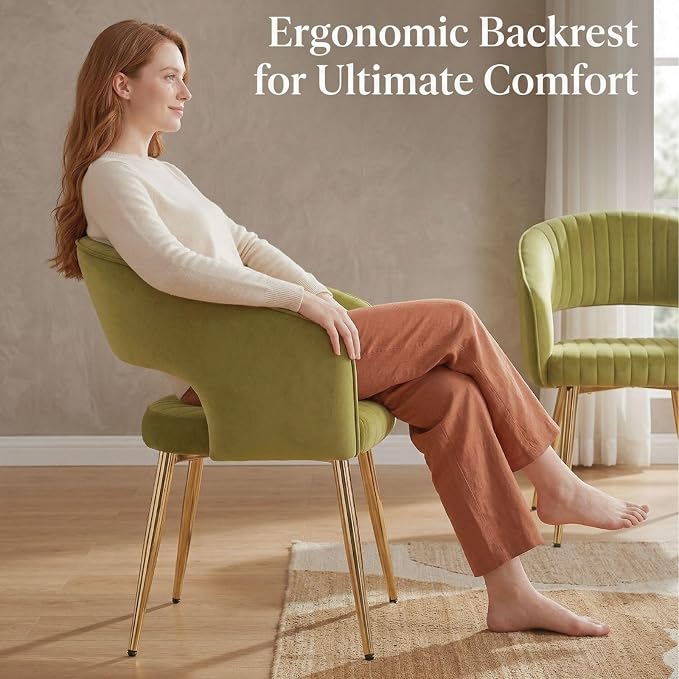 Hyfirm Green Velvet and Gold Dining Chairs, Set of 2 Modern Upholstered Arm Chairs with Hollow Backrest, Tufted Accent Side Chair with Sturdy Metal Legs for Dining Room, Living Room, Kitchen, Salon