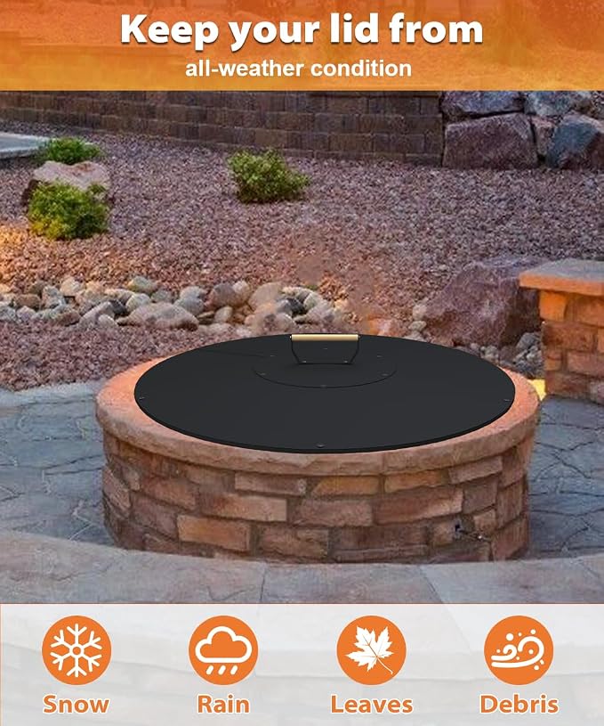 32" Wooden-Handle Fire Pit Lid for Pits up to 30", Round Metal Bonfire Pit Burner Pan Cover, Smokeless Fire Pit Cover for Fire Tables, All-Weather Resistance Outdoor Firepit Accessory