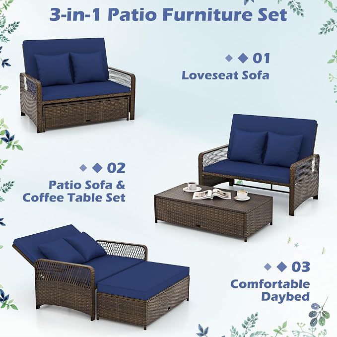 Tangkula Patio Rattan Daybed with 4-Level Adjustable Backrest, 2-Person Outdoor Wicker Loveseat with Storage Ottoman & Soft Cushions, Double Sunbed Lounger for Backyard, Porch, Poolside (Navy)