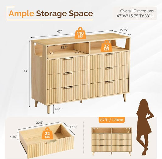 VINGLI Fluted Dresser Led, 6 Drawer Dresser for Bedroom, Light Wood Bedroom Dressers Oak, 47" W*15.75" D*33" H