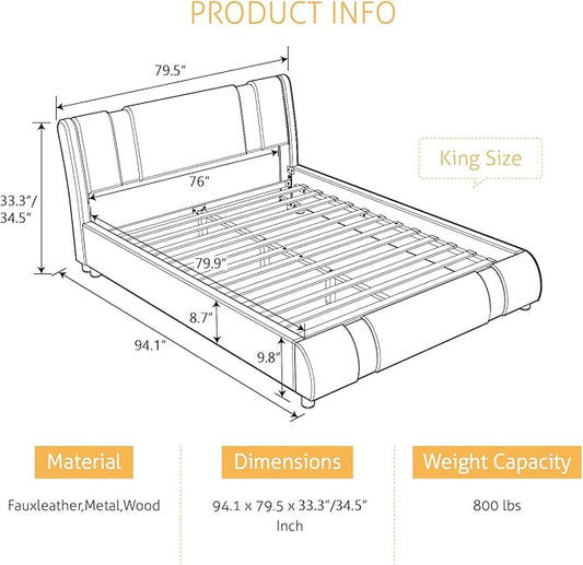 SHA CERLIN King Size Bed Frame with Iron Pieces Decor and Adjustable Headboard/Deluxe Upholstered Modern Platform Bed with Solid Wooden Slats Support/No Box Spring Needed, Black