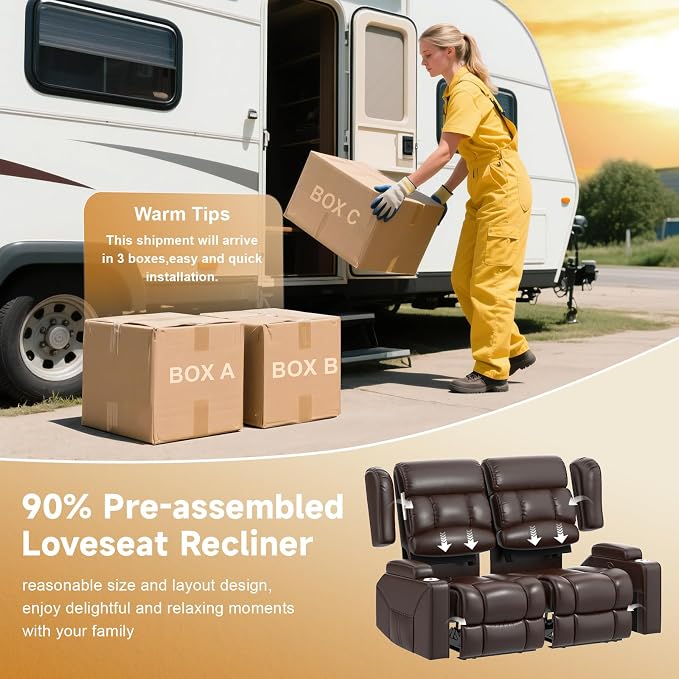 RV Loveseat Recliner Sofa, Wall Hugger Reclining Loveseat RV Couch with USB Ports, Large Pockets, Cup Holders, 150° Adjustable RV Recliners Furniture for Travel Trailers & Home Theater Seating