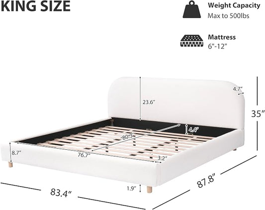 Merax King Size Teddy Fleece Thick Fabric Upholstered Platform Bed with Curved Shaped Headboard, Wood Bed Frame with Solid Round Legs for Kids Teens Adults, White