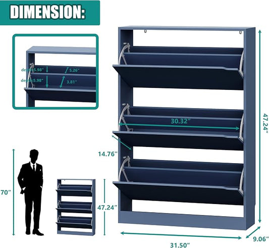 Xixini Shoe Storage Cabinet for Entryway with 3 Flip Drawers, Sturdy Wood Hidden Shoe Storage, Freestanding Narrow Slim Shoe Organizer for Front Door Entrance, Living Room, Hallway, Bedroom, Blue