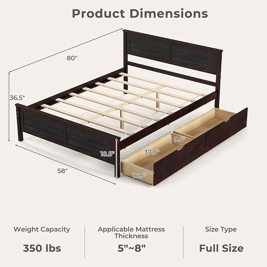 Giantex Wood Full Size Bed Frame with 2 Storage Drawers, Solid Wood Platform Bed with Headboard, Wooden Slats Mattress Foundation, No Spring Needed, Full Bed Frame for Kids, Teens, Adults, Espresso
